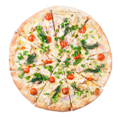 Cherry ham and cheese pizza on a