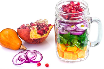 Salad with Pumpkin, Arugula and Red Onion in Glass Jar