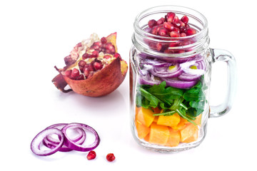 Salad with Pumpkin, Arugula and Red Onion in Glass Jar