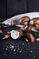 Fresh mushrooms with spices and herbs on a black board.Champignon mushrooms