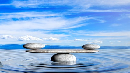 Fototapeta na wymiar 3D rendering of balancing Zen stones in water with blue sky and peaceful landscape.