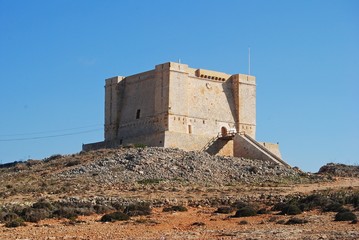 The fortified St Mary's Tower built on Comino island by the Knights of St John in 1618.