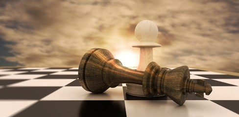 Composite image of white pawn standing over fallen black king