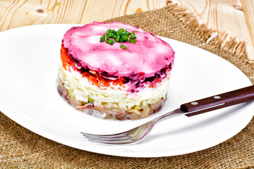 Russian Shuba Salad with Beetroot, Potatoes, Carrots and Herring