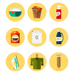 Laundry icon collection in flat style. Wash machine, flasket, ironing board, iron, washing powder, clothes - vector illustration. Laundry clean objects. Cleaning service. 