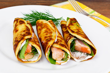 Pancake Rolls with Salmon Fried, Goat Cheese, Fennel and Wild Ga