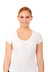 Fototapeta premium Young smiling blonde woman in white t-shirt