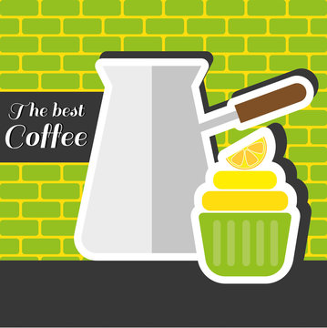 A silver metal jar of coffee with a green cake with a slice of lemon on top and best coffee inscription, in outlines, over a green and yellow background with bricks, digital vector image