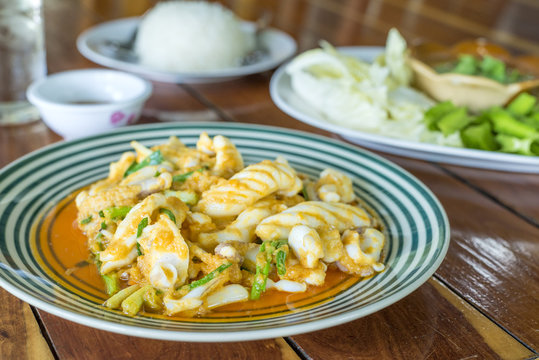 Stir Fried Squid with Salted Eggs delicious Thai sea food.