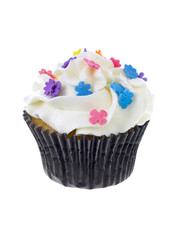cupcake with white icing and colorful sprinkle on white background