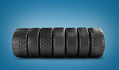 Obraz premium car wheels stand in a row 3d illustration