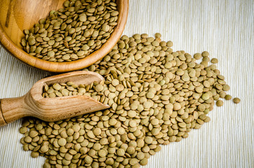 lentils, on wood, background, close up.