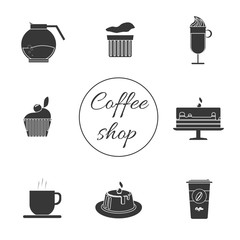 A monochrome set of coffee items, cup of coffee with steam, cake, glass, jug, jar, with coffee shop inscription, in outlines, over a white background, digital vector image