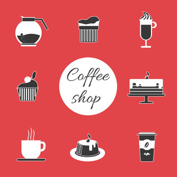 A monochrome set of coffee items, cup of coffee with steam, cake, glass, jug, jar, with coffee shop inscription, in outlines, over a red background, digital vector image