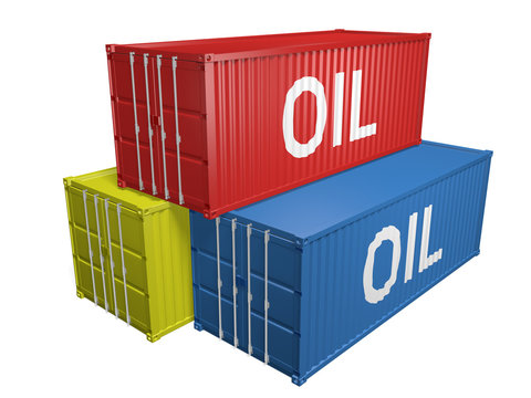 Shipping import and export containers labeled for oil, 3D rendering