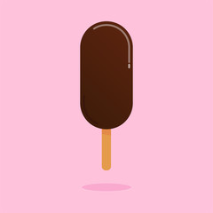 Ice cream with chocolate glaze and shadow on pink background.