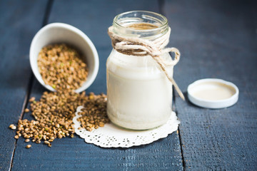 vegan fresh milk from hemp seeds in a glass jar, clean eating