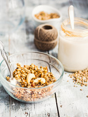 granola with cashews and banana, vegan milk, breakfast