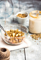 granola with cashews and banana, vegan milk, breakfast