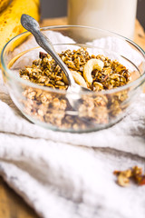 homemade banana granola with cashews and dried fruits