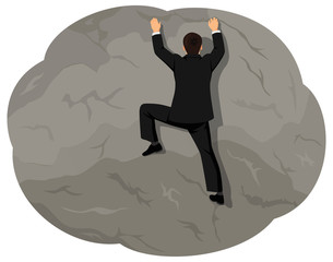 Businessman in suit climbs on the cliff top. Career and risks.