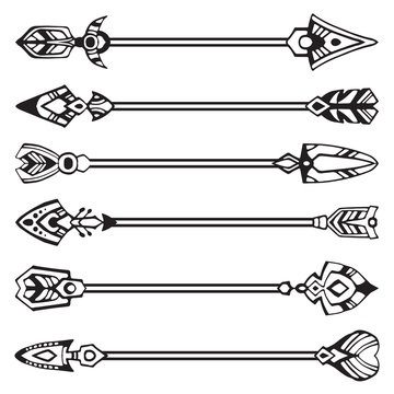 Set of decorative bohemian style rows. Abstract tribal arrows in a tattoo style. Vector illustration