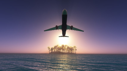 Fototapeta na wymiar Airplane flying over amazing ocean landscape with tropical islan