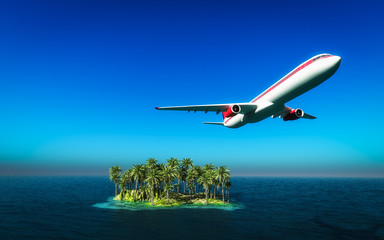 Airplane flying over amazing ocean landscape with tropical islan