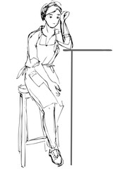 vector sketch of a girl waiter sits on a high stool