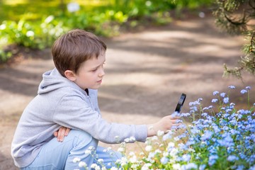 Boy looking on the flowers through magnifying glass
