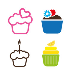 A set of colored cakes, with heart, lemon and candle in outlines, over a white background, digital vector image