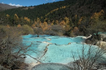 colorful ponds in Huanglong national park in Sichuan province