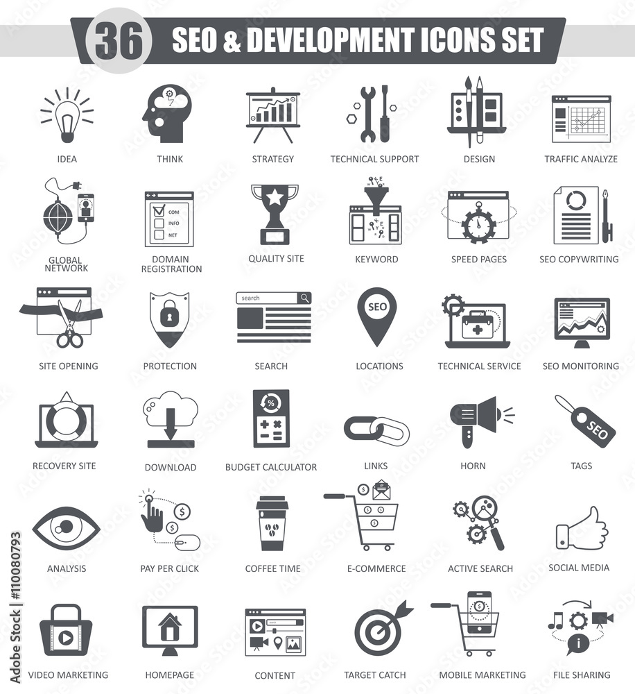 Poster vector seo and development black icon set. dark grey classic icon design for web.