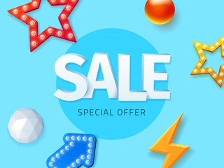 Vector sale, blue background banner with objects