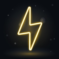 Neon Frame thunderbolt isolated, vector lightning on black background