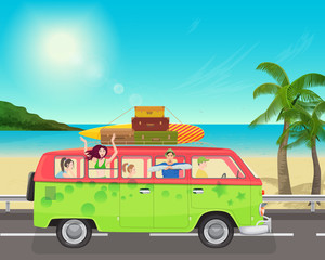 Group of young people traveling in vintage bus Camper van on the sea. Start of Summer beach season.