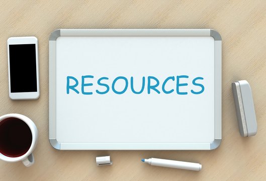 Resources, message on whiteboard, smart phone and coffee on table, 3D rendering