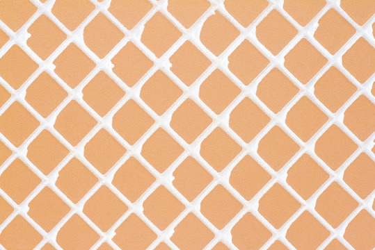 Rear orange tile background.
