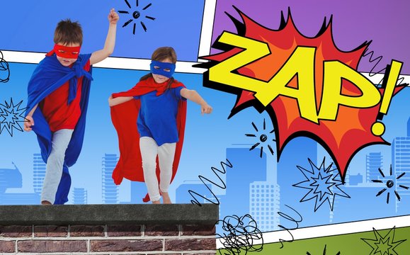 Composite image of masked kids walking pretending to be superher
