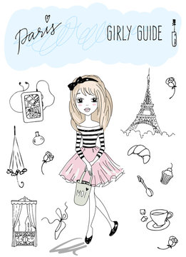 Girly travel guide of Paris. Vector illustration.