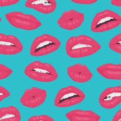 Vintage pink red lips kiss seamless pattern on blue background.