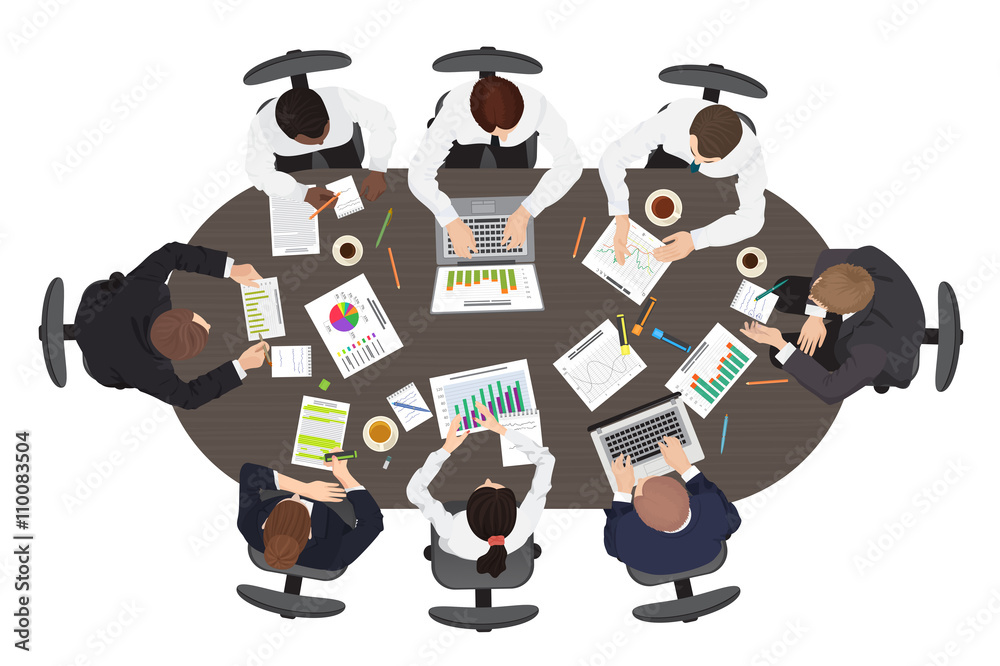 Poster business management teamwork strategy discuss meeting and brainstorming concept. wide round table in
