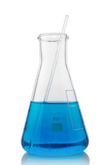 Laboratory flask with colored liquid on a white background
