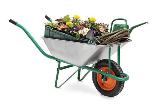Wheelbarrow full of gardening equipment