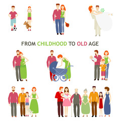 large set of people of different ages, flat is isolated on a white background, life, from birth to old age, story of love, family history, growing up people and making love family, small to old