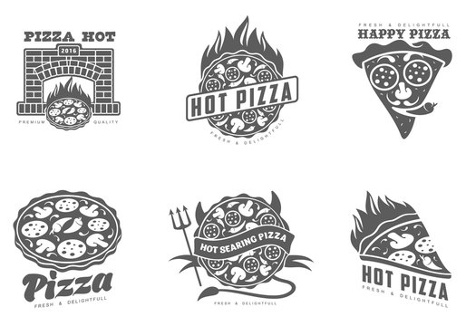 Logos pizza, fast food, vector monochrome badges pizza, pizza with mushrooms, salami, in the oven, slice of pizza with peppers, hot Italian fast food, labels for food products, cafe, restaurant