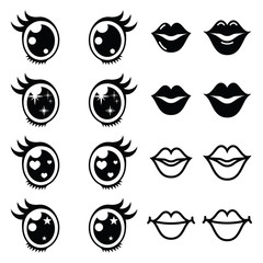 Naklejka premium Kawaii cute eyes and lips icons set, Kawaii character