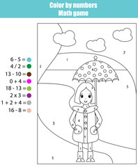 Coloring page with girl. Color by numbers math game