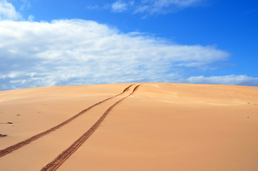 Fototapeta na wymiar Tracks in remote sand dunes under blue skies