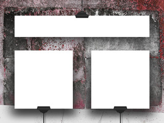 Close-up of three blank square and rectangular frames hanged by clips against dirty weathered concrete wall background